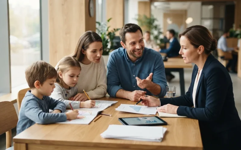a family meeting with a bank advisor at a desk