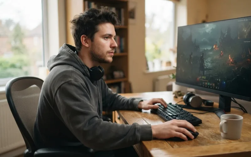 a person playing video games at a computer desk