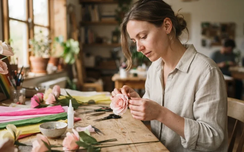 a person making paper flowers at a table