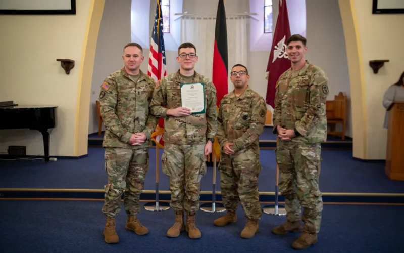 U.S. Army Soldiers, assigned to Landstuhl Regional Medical Center, participate in a promotion ceremony at Landstuhl, Germany, Oct. 10, 2024. The promotion recognizes their exemplary service and dedication to the U.S. Army mission, both locally and abroad. Promotions mark a significant career milestone, highlighting the Soldiers' commitment to leadership and professional growth. (DoD Photo by Travis Jones)