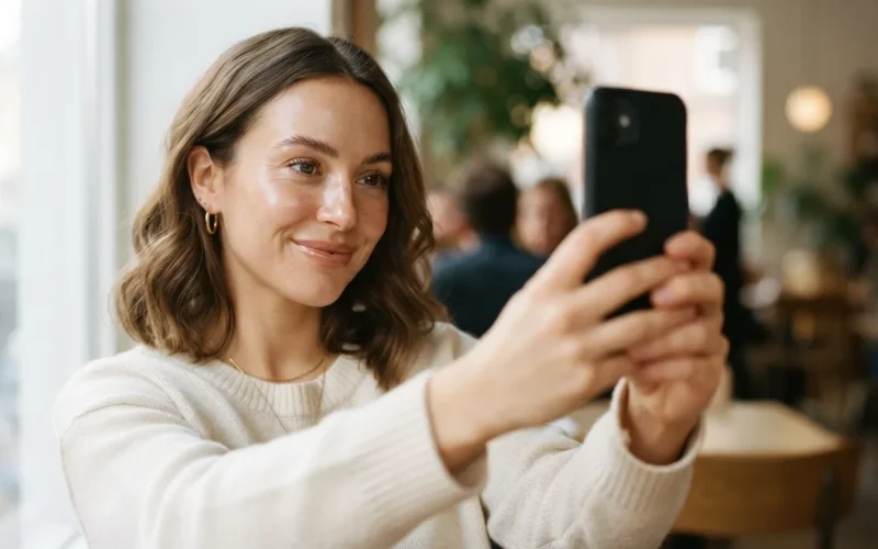 a woman taking a selfie of her makeup with a smartphone