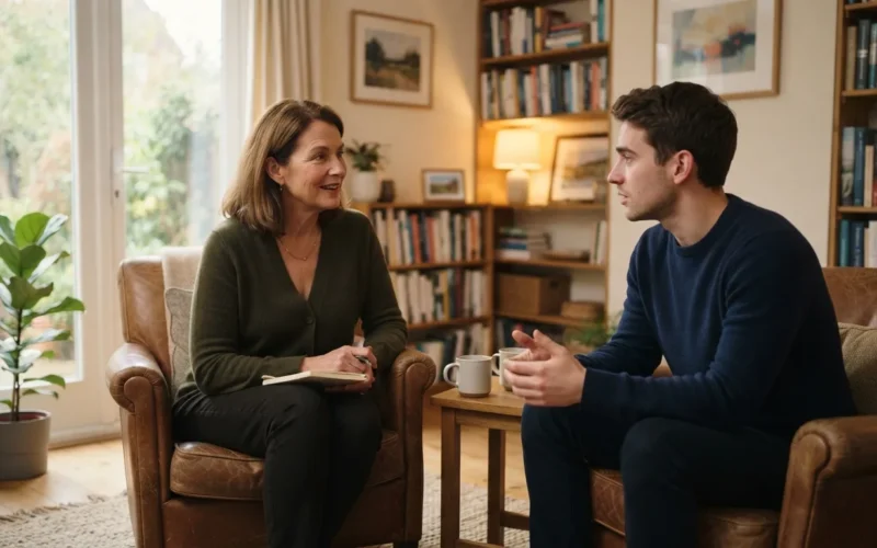 a therapist and client talking in a cozy office