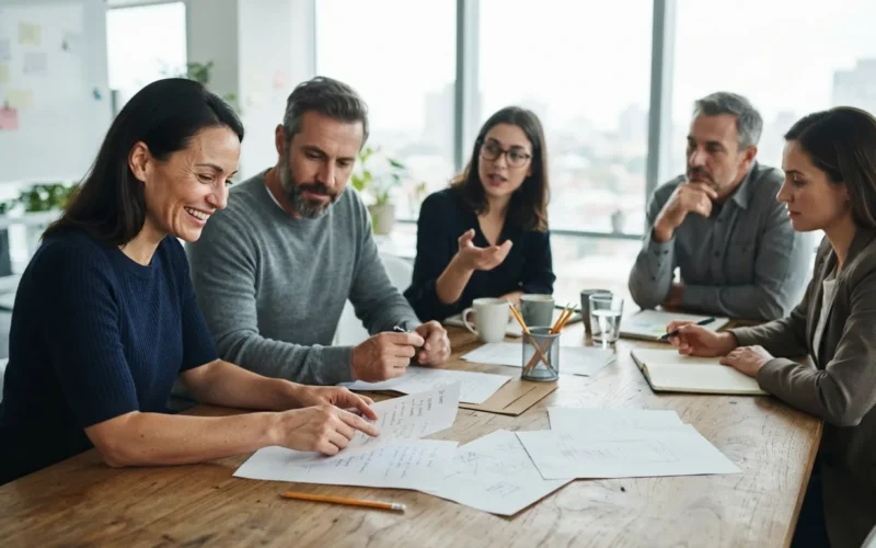 a group of professionals in a meeting room working on a task