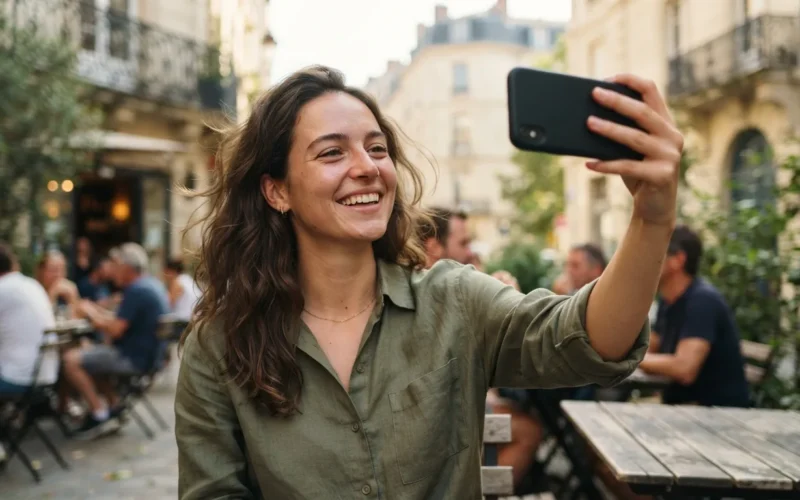 a woman taking a selfie with a smartphone