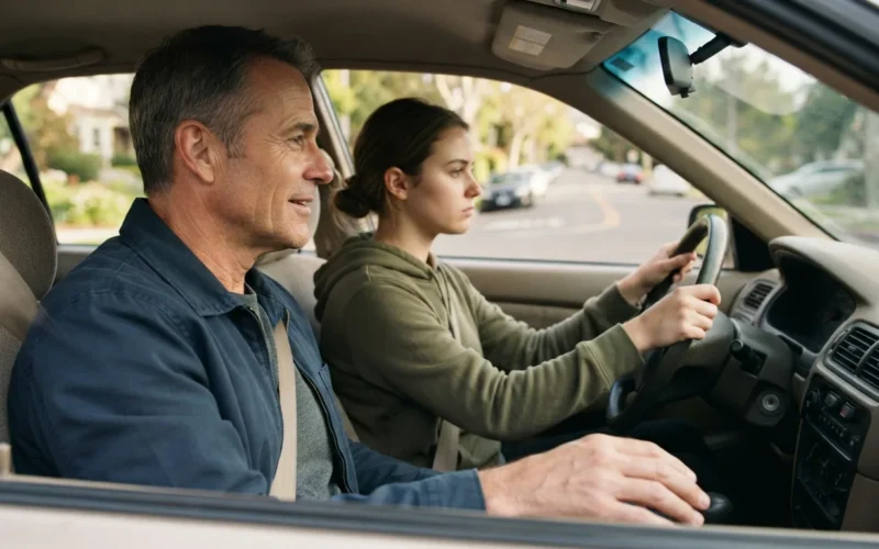 a driving instructor sitting in a car with a student driver