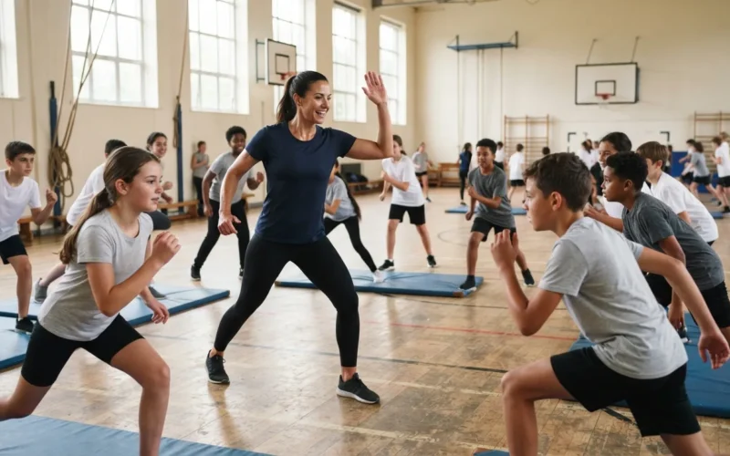a teacher leading a group of students in a gym