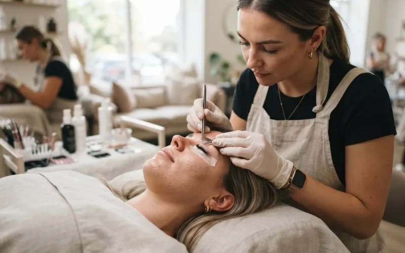 a woman receiving eyelash extensions from a beauty professional in a salon