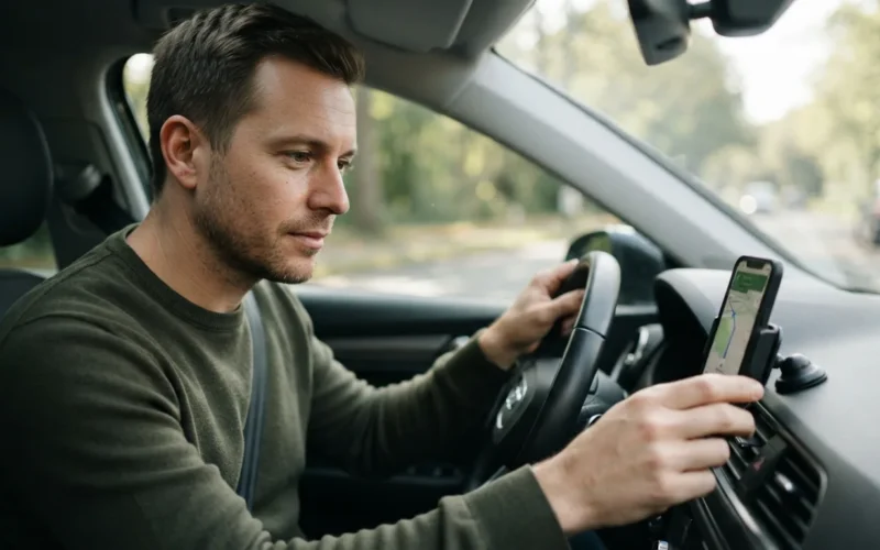 a man driving a car while looking at a smartphone mounted on the dashboard