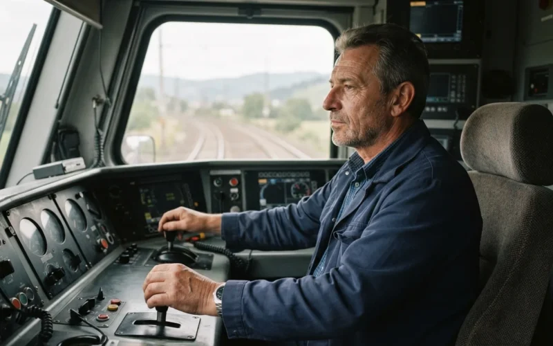 a train driver in the cab of a locomotive