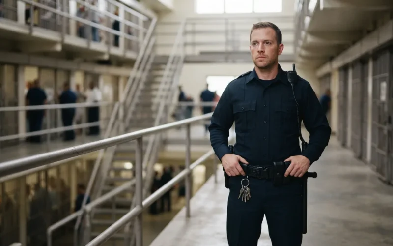 a prison officer in uniform at a correctional facility