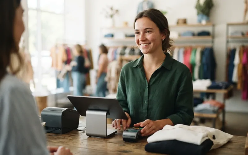a young woman working at a checkout counter in a bright clothing store