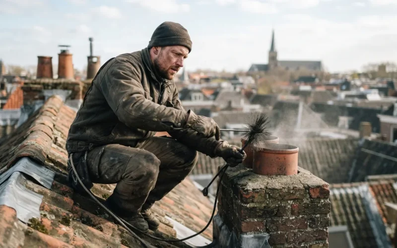 a chimney sweep in work clothes on a roof