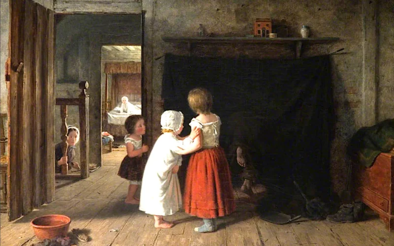 Oil on canvas (Bantock House and Park). A group of children in a bedroom are discovering something in a fireplace. From his feet we can see it is a "climbing boy". or chimney sweep's apprentice.