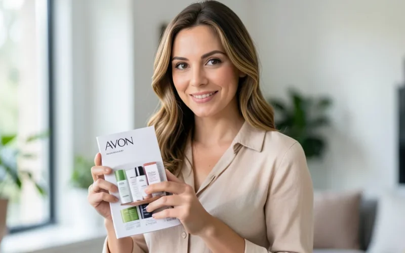 a woman with Avon products or catalog, professional appearance