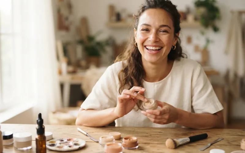 a woman smiling with makeup and product samples