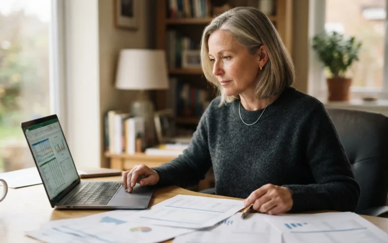 a woman in her 50s looking at financial documents or a laptop
