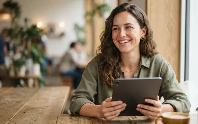 a woman smiling while holding a product or tablet