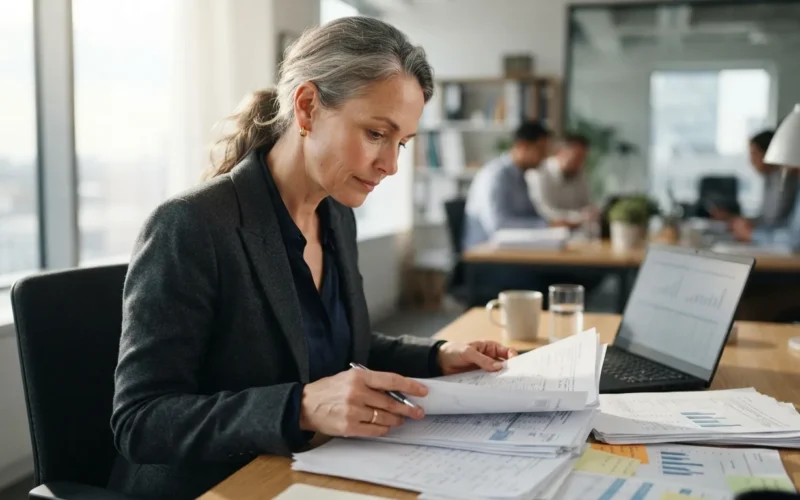 a professional accountant reviewing documents at a desk