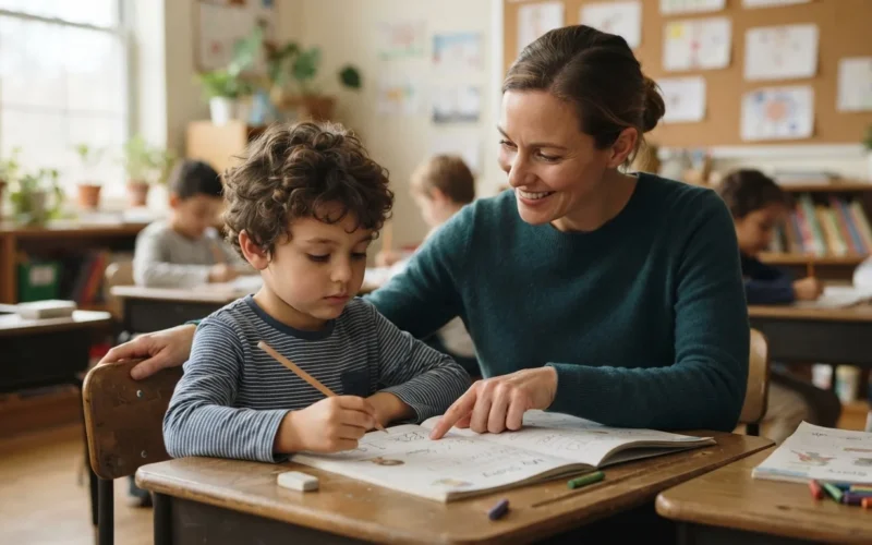 a teacher helping a young student at a desk in a classroom