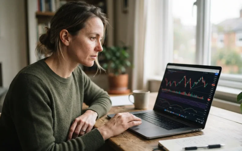 a person looking at financial charts on a laptop