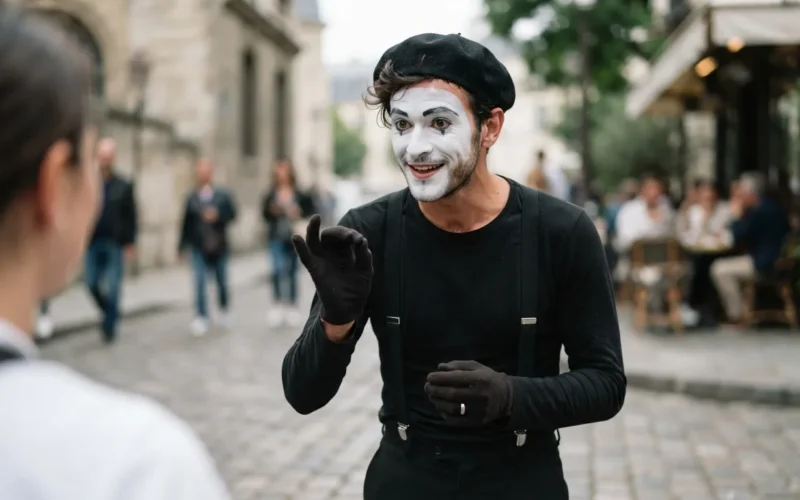 a person in white mime makeup and black costume