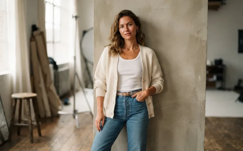 a woman in trendy jeans posing in a studio