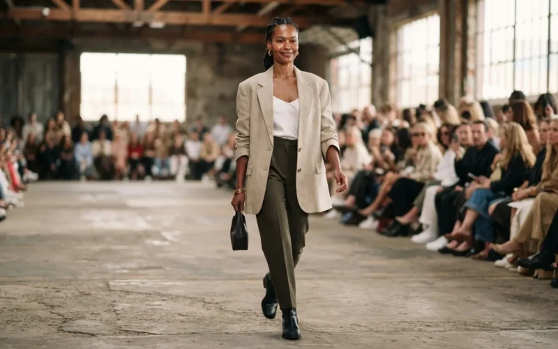 a woman walking confidently on a fashion runway