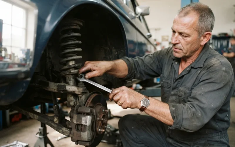 a mechanic working on a car suspension