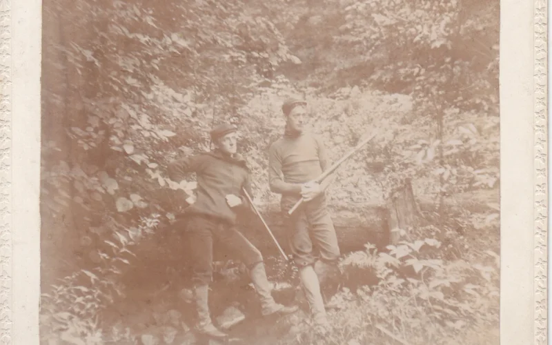 Thomas A. Edison, Jr., and another man [hunting?] in the woods. Keywords: thomas edison jr.; family; Edison; Thomas A.; (EDIS Historical Photo Series Name)