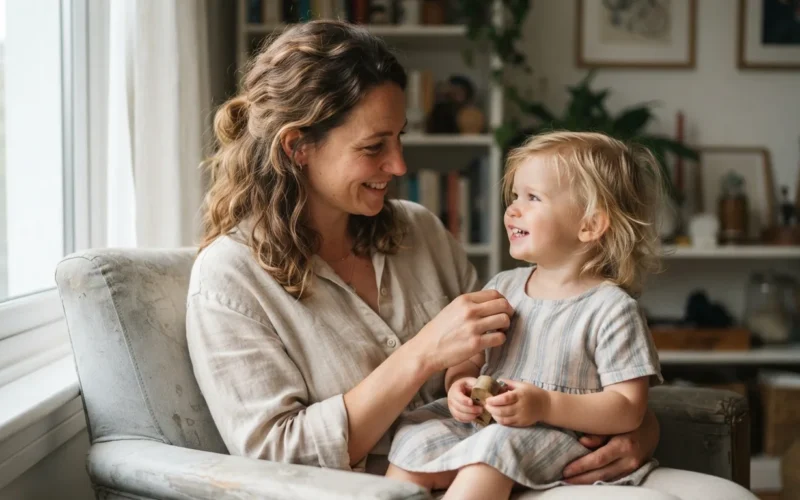 a woman caring for a young child