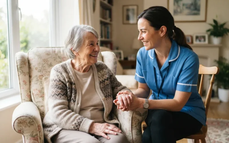 a female caregiver smiling at an elderly patient in a bright room