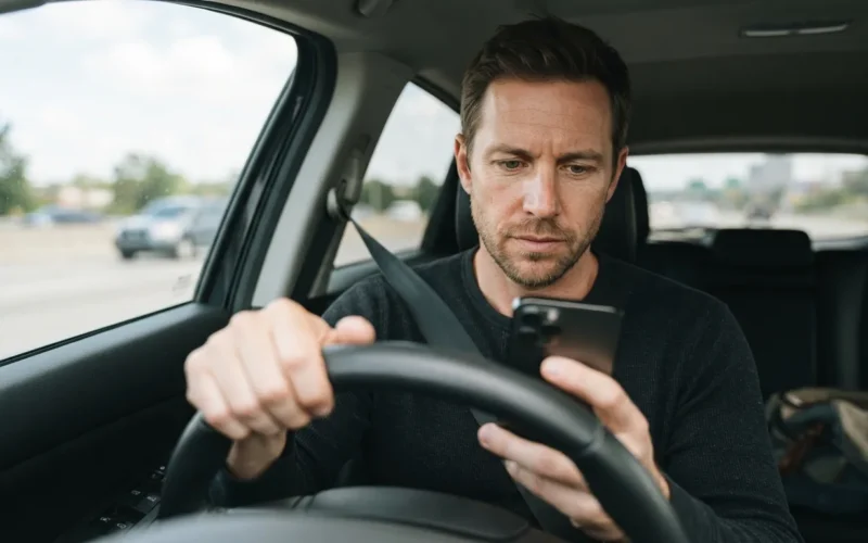 a man driving a car and looking at a smartphone