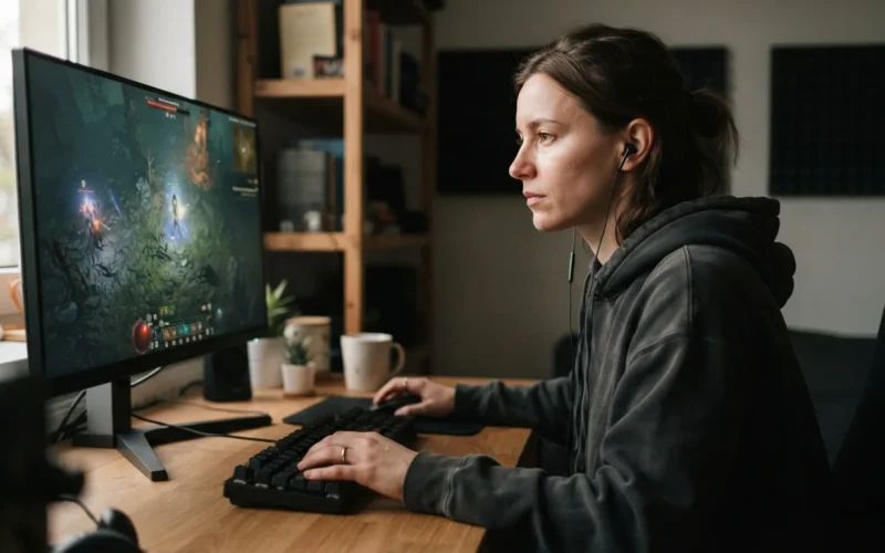 a person playing a video game at a computer