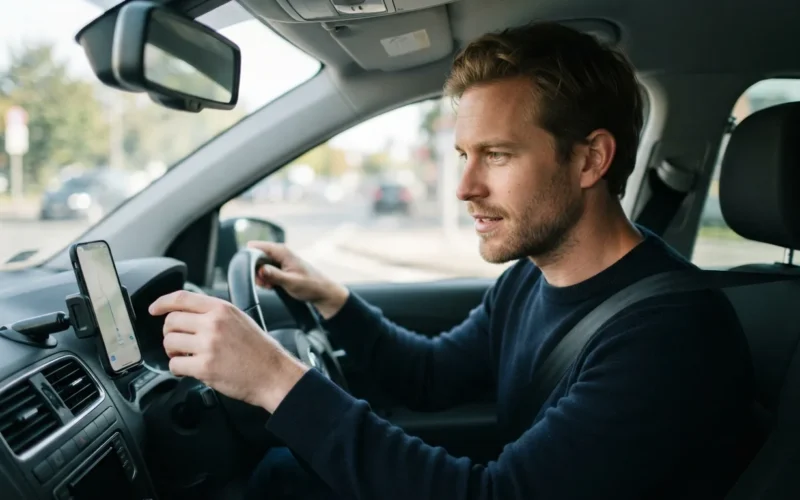 a man driving a car and looking at a smartphone mounted on the dashboard