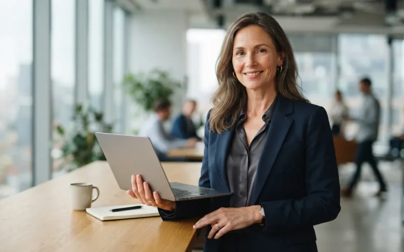 a confident professional woman in her 40s in a modern office