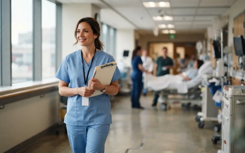 a nurse in a hospital corridor