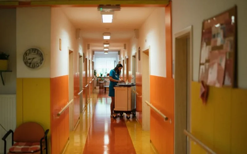 A nurse attending to duties in a colorful hospital corridor in Karviná, Czech Republic.