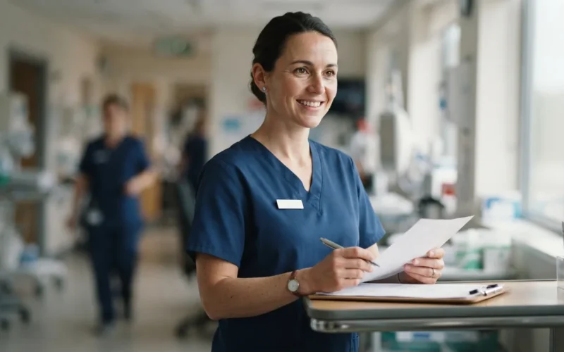 a female nurse in a hospital uniform