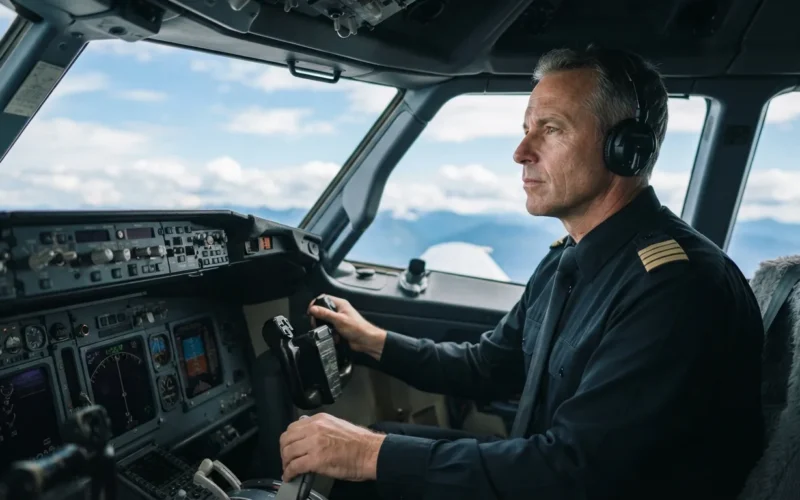 a pilot in a cockpit at the controls of an airplane