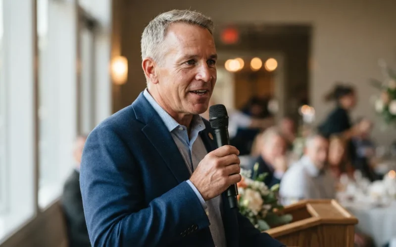 a man speaking into a microphone at a charity event