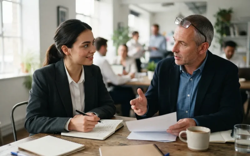 a person in a business meeting with a manager
