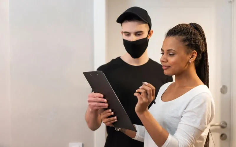 A man and woman engage in a delivery transaction indoors, with a clipboard and mask.