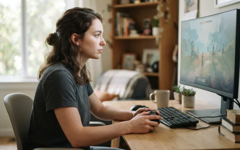 a person playing video games at a computer desk