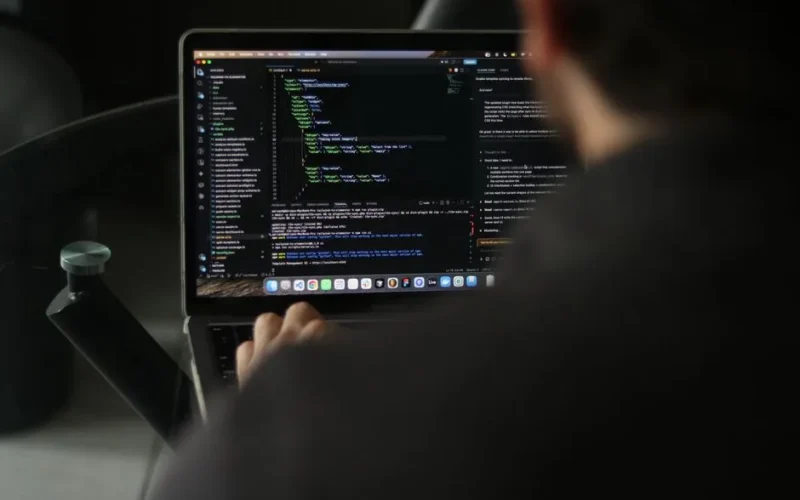 A focused developer writing code on a laptop in an indoor workspace.