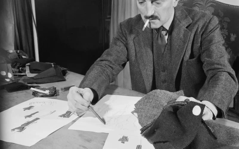 London Fashion Designers- the work of Members of the Incorporated Society of London Fashion Designers in Wartime, London, England, UK, 1944 Fashion designer Peter Russell smokes as he sketches a new design in his London office. He has several pieces of fabric with him and a number of earlier sketches are also visible on the desk. The original caption states that "he is working with British textile firms to produce his own exclusive prints".