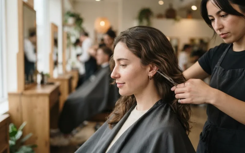 a woman getting a haircut in a beauty salon