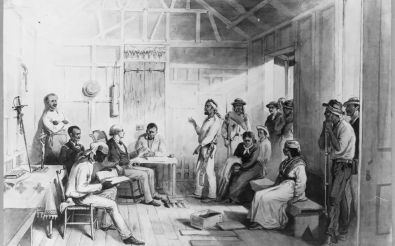 Title: Dominican Republic, 1871: The wife of Salnave being tried before a Justice of the Peace for an assault in Samana City Abstract/medium: 1 photomechanical print.