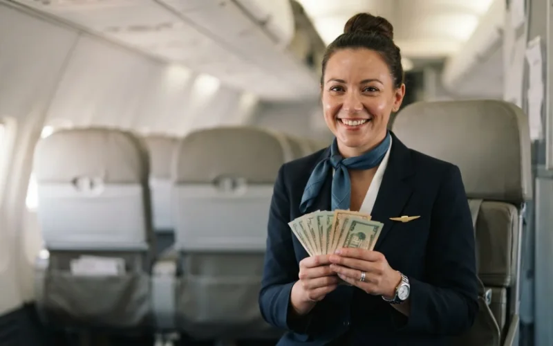 a smiling flight attendant in uniform holding money