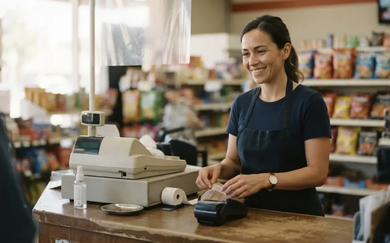 a cashier at a convenience store counter