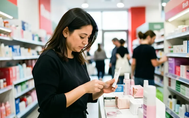 a person testing a cosmetic product in a Rossmann store